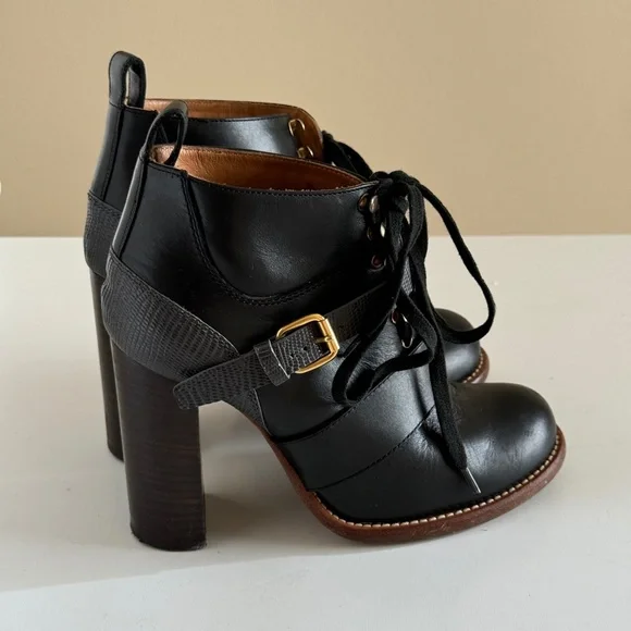 Chloe ankle boots black two tone lace up belted Bernie shoes Women's sz 5.5 us - Picture 6 of 10